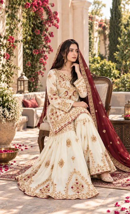 ZAW Fashion Ivory & Maroon Embroidered Sharara 3-Piece Suit