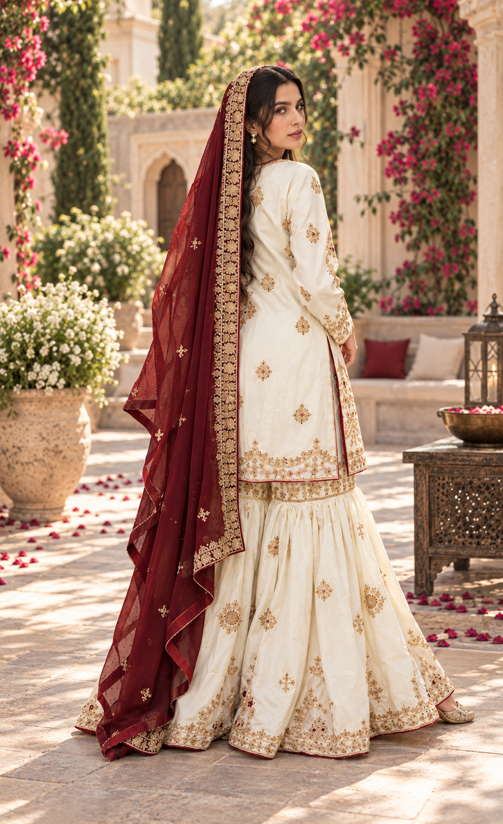 ZAW Fashion Ivory & Maroon Embroidered Sharara 3-Piece Suit