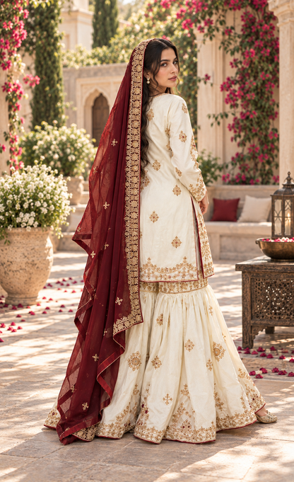 ZAW Fashion Ivory & Maroon Embroidered Sharara 3-Piece Suit