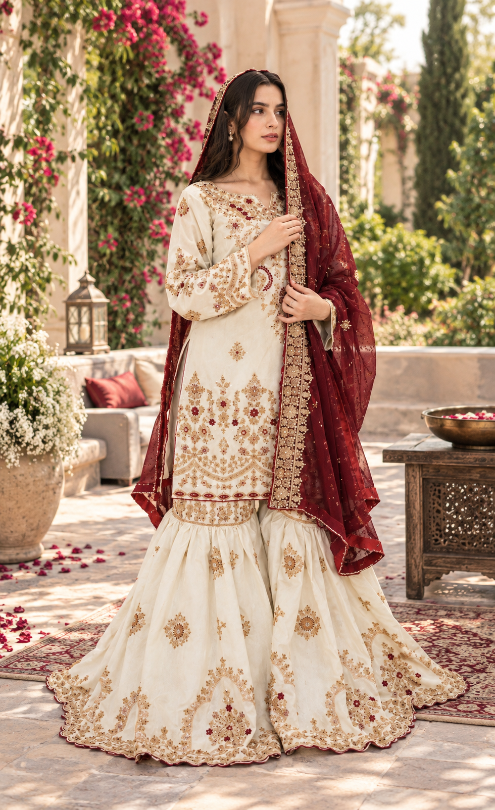 ZAW Fashion Ivory & Maroon Embroidered Sharara 3-Piece Suit