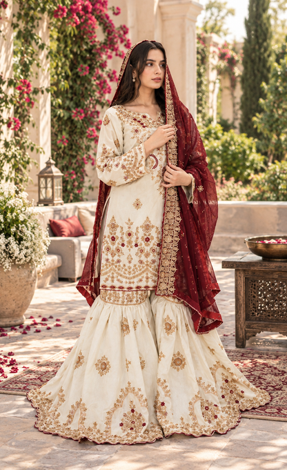 ZAW Fashion Ivory & Maroon Embroidered Sharara 3-Piece Suit