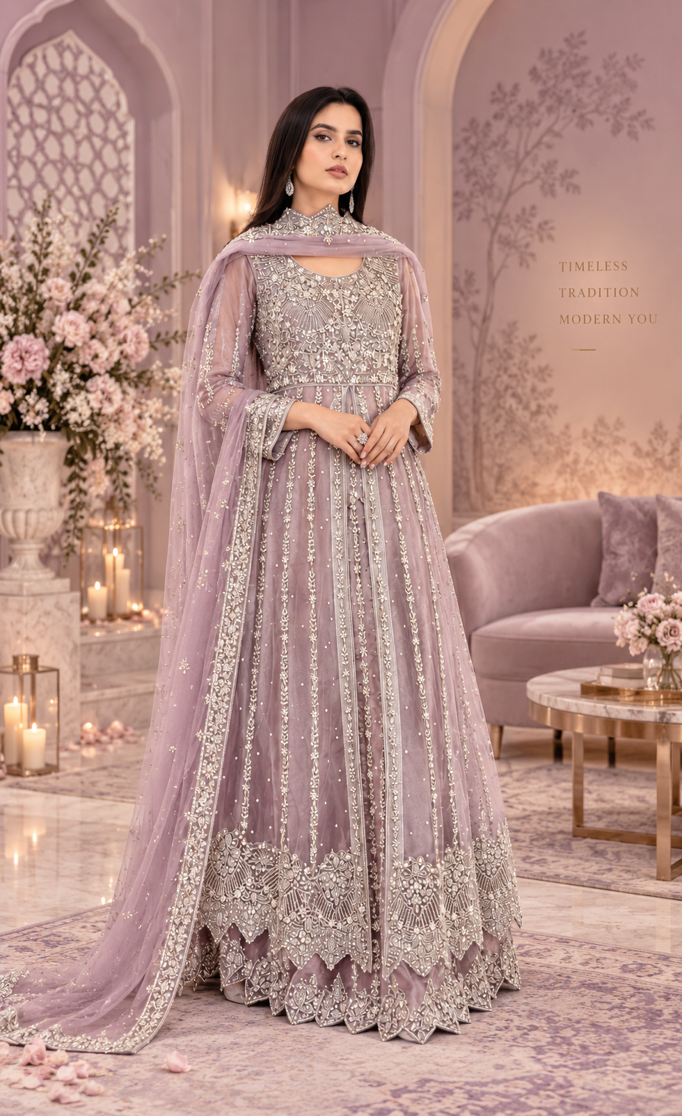 ZAW Fashion Dusty Mauve Embroidered Maxi with Dupatta