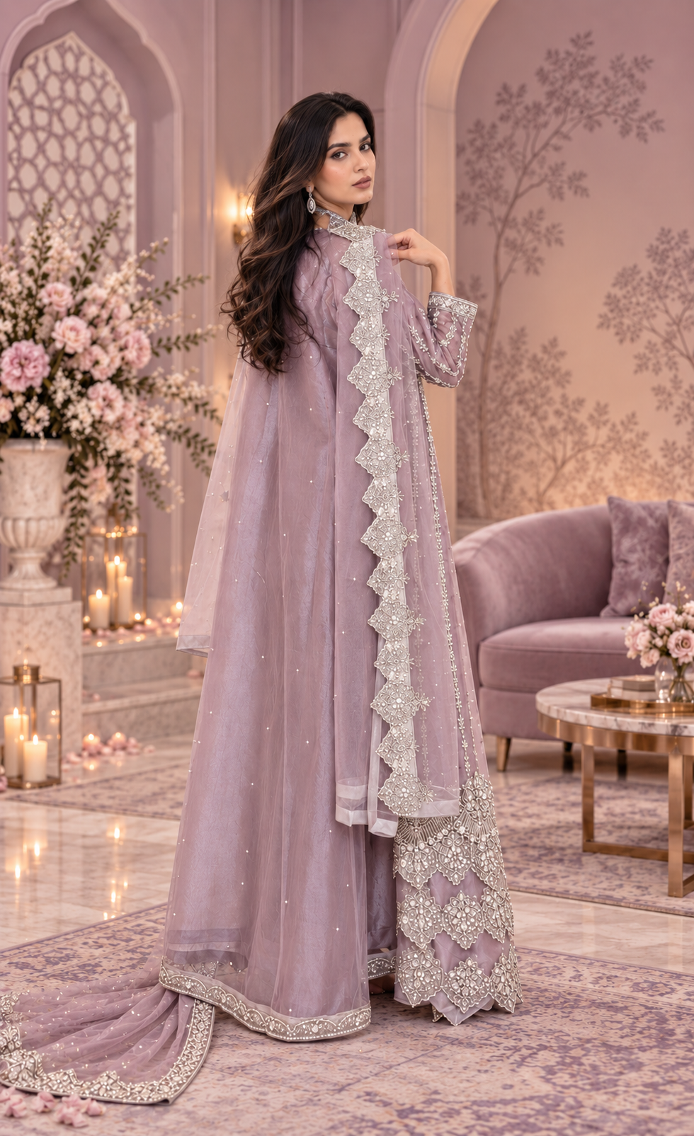 ZAW Fashion Dusty Mauve Embroidered Maxi with Dupatta