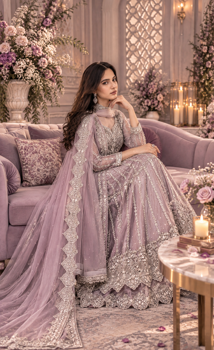 ZAW Fashion Dusty Mauve Embroidered Maxi with Dupatta