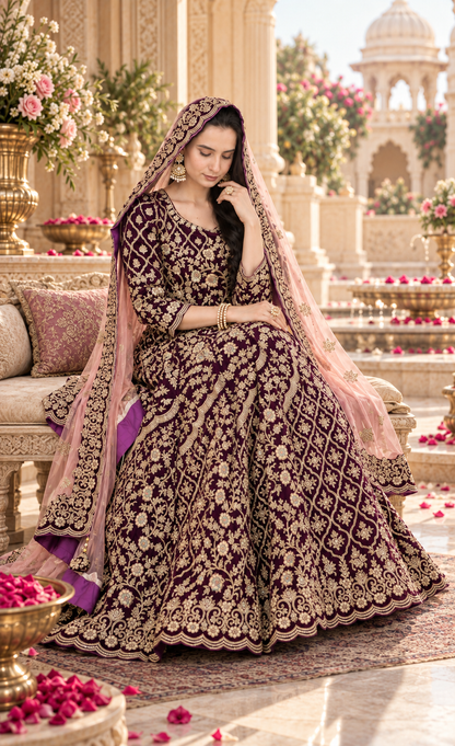 ZAW Fashion Deep Plum Embroidered Maxi with Blush Dupatta