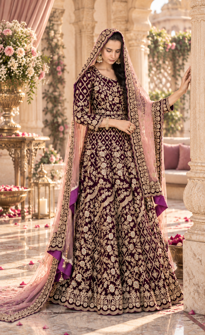 ZAW Fashion Deep Plum Embroidered Maxi with Blush Dupatta