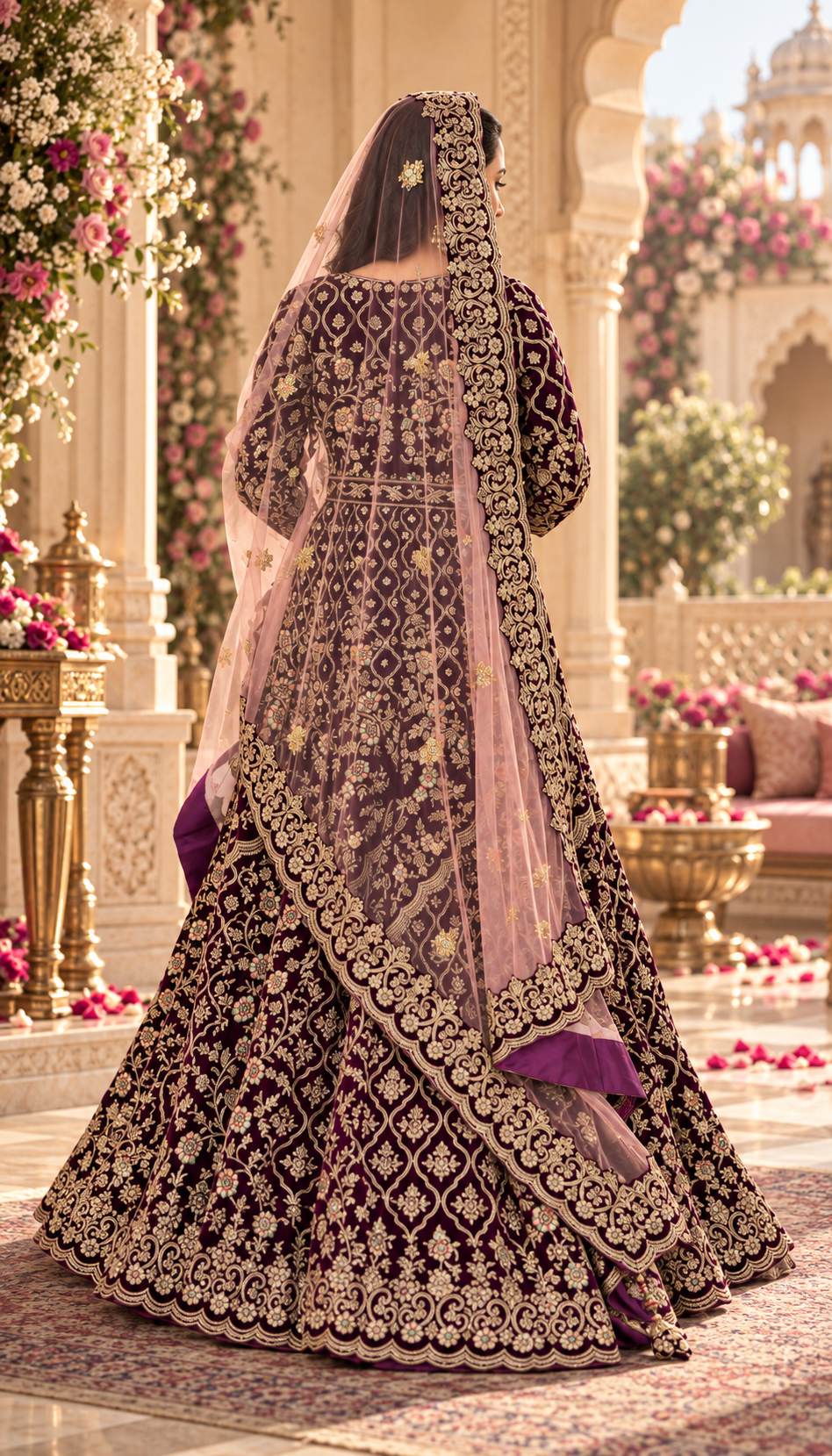 ZAW Fashion Deep Plum Embroidered Maxi with Blush Dupatta