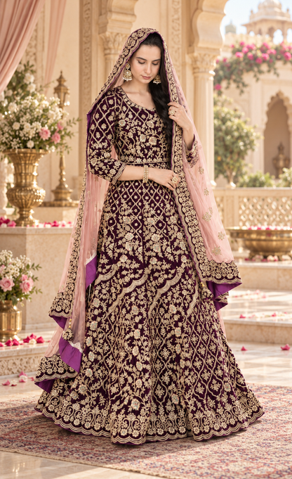 ZAW Fashion Deep Plum Embroidered Maxi with Blush Dupatta