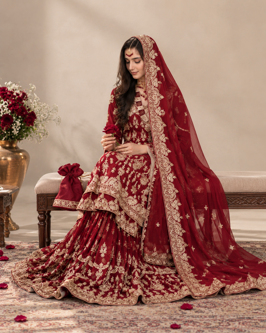 ZAW Fashion Bridal Red & Gold Embroidered Lehenga 3-Piece
