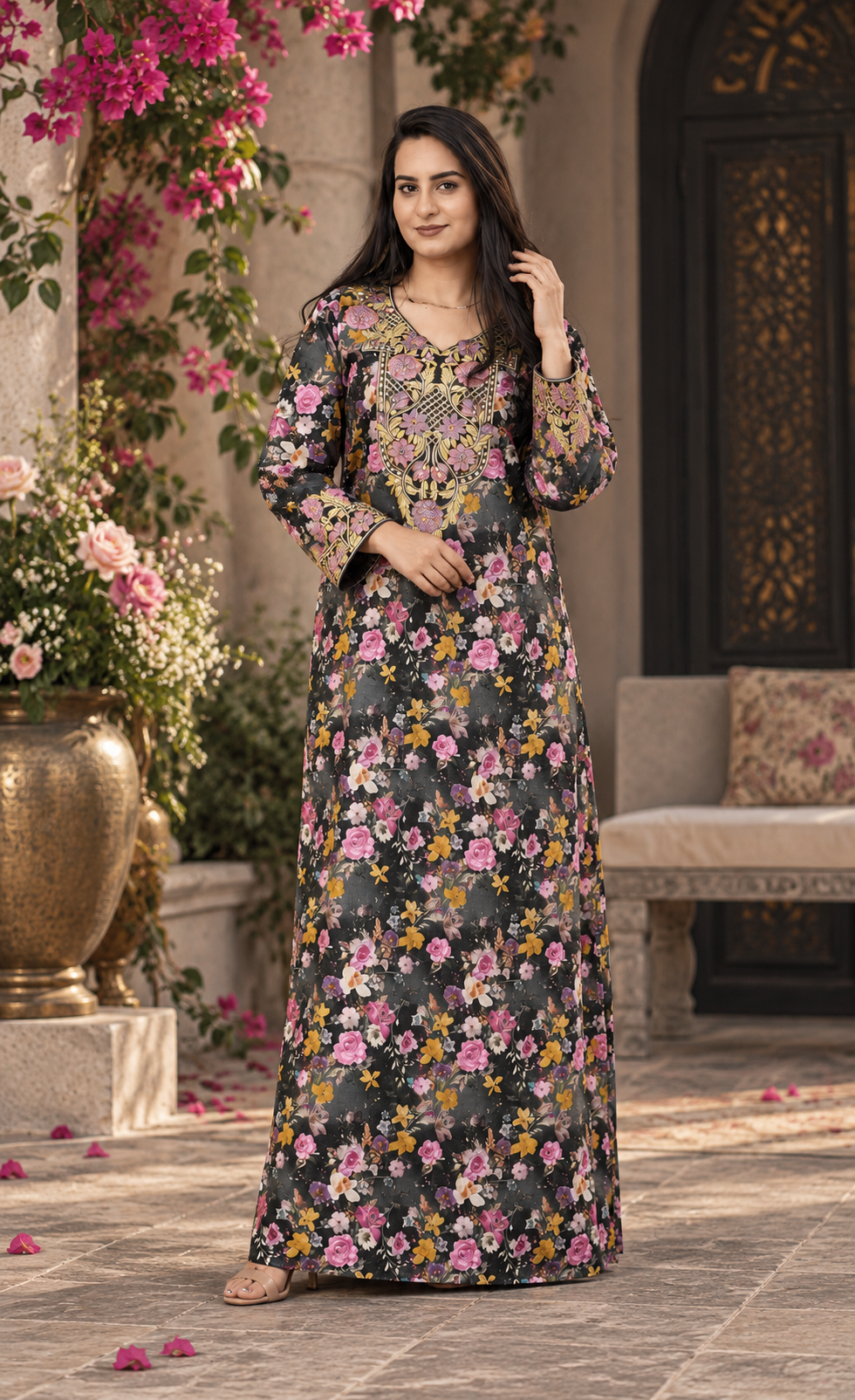 ZAW Fashion Charcoal Floral Printed Maxi Dress