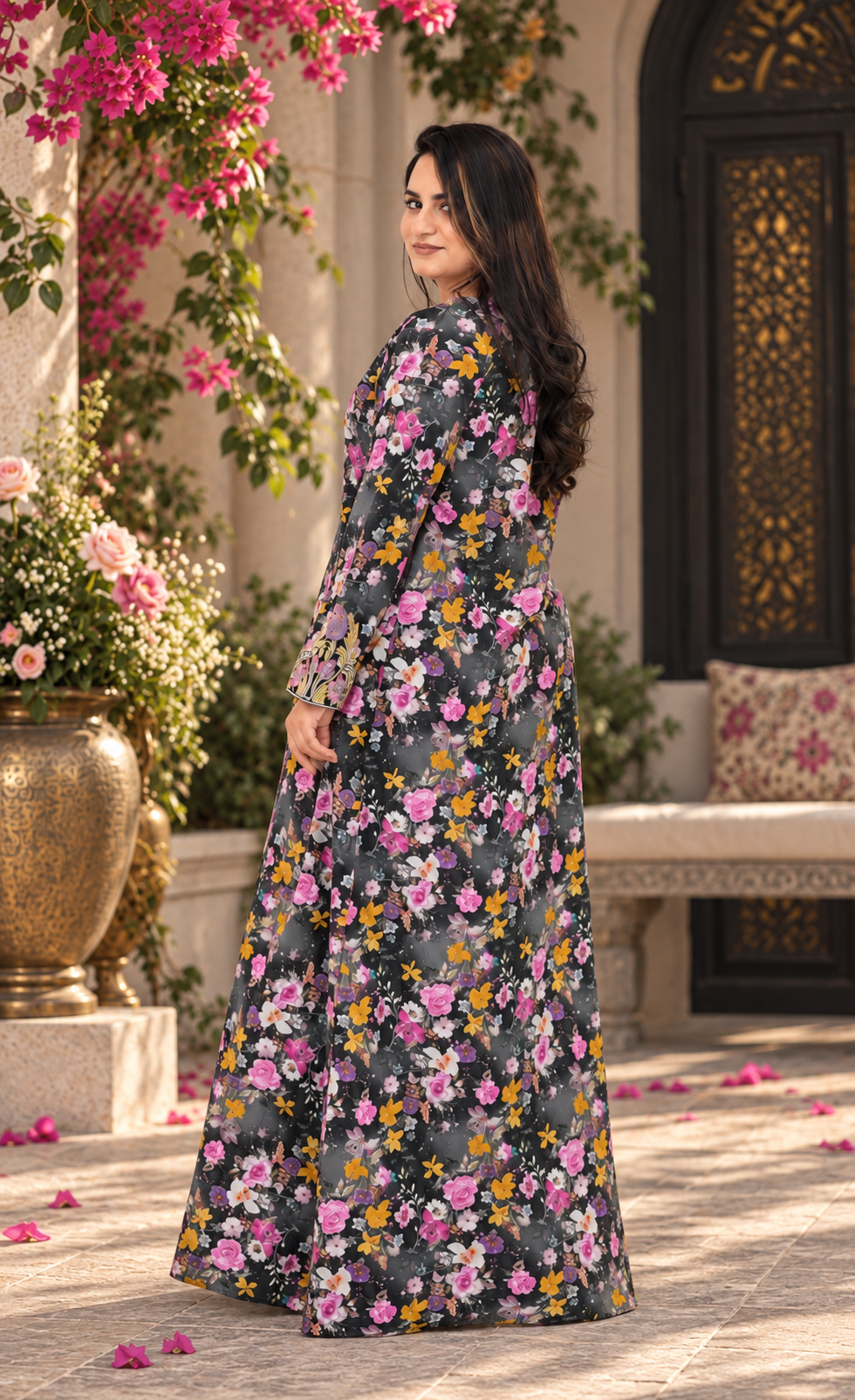 ZAW Fashion Charcoal Floral Printed Maxi Dress