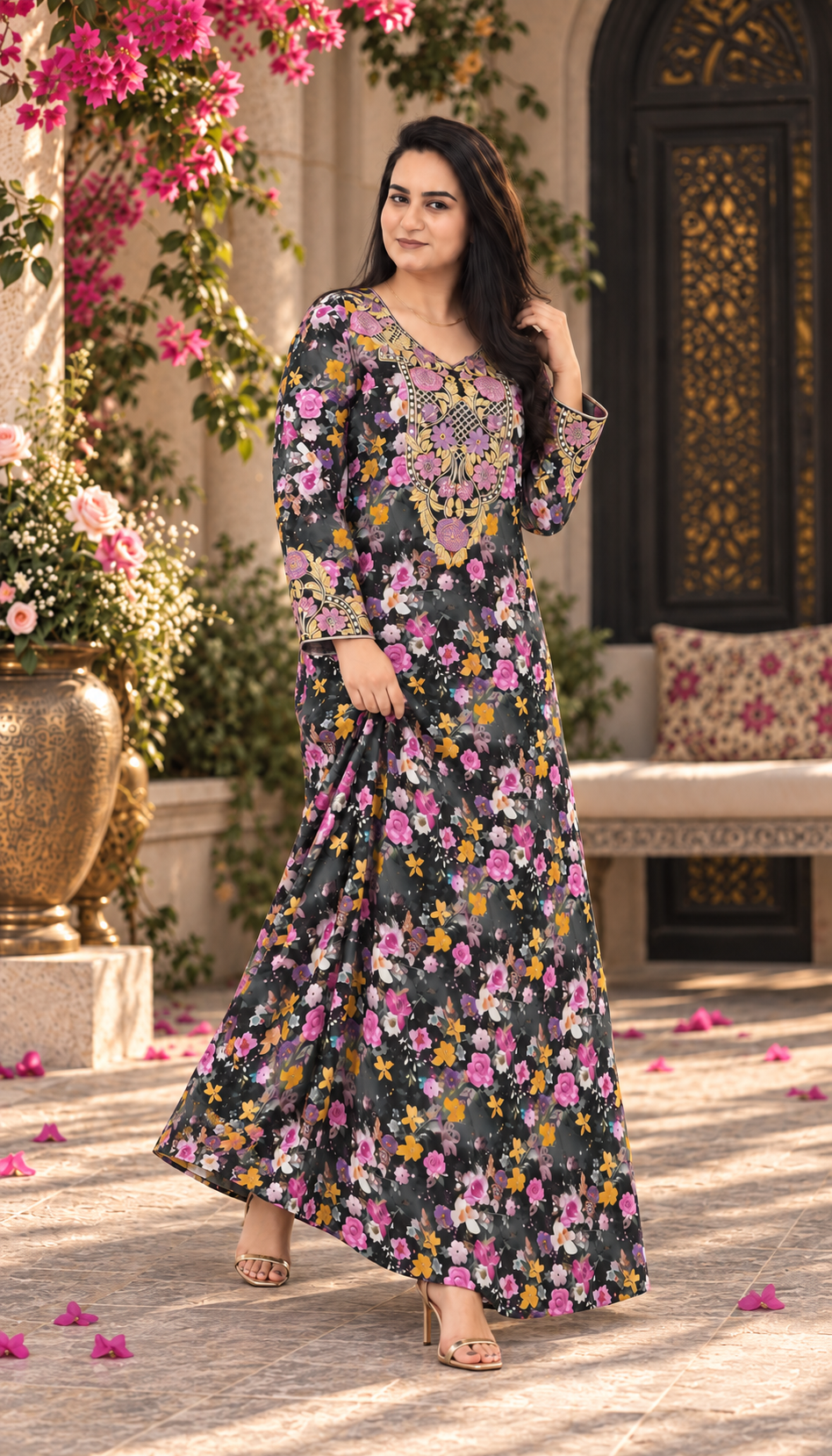 ZAW Fashion Charcoal Floral Printed Maxi Dress
