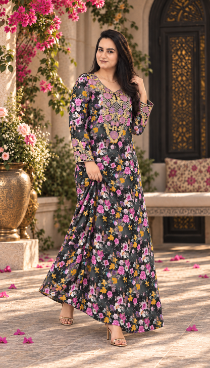 ZAW Fashion Charcoal Floral Printed Maxi Dress
