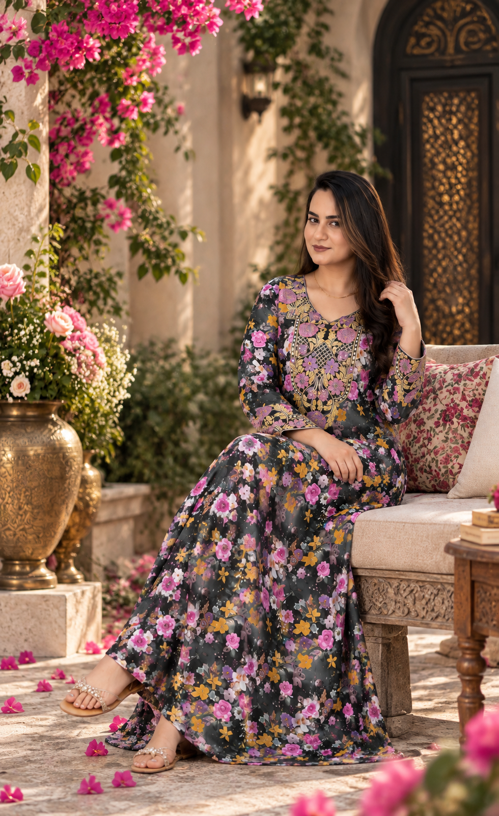 ZAW Fashion Charcoal Floral Printed Maxi Dress