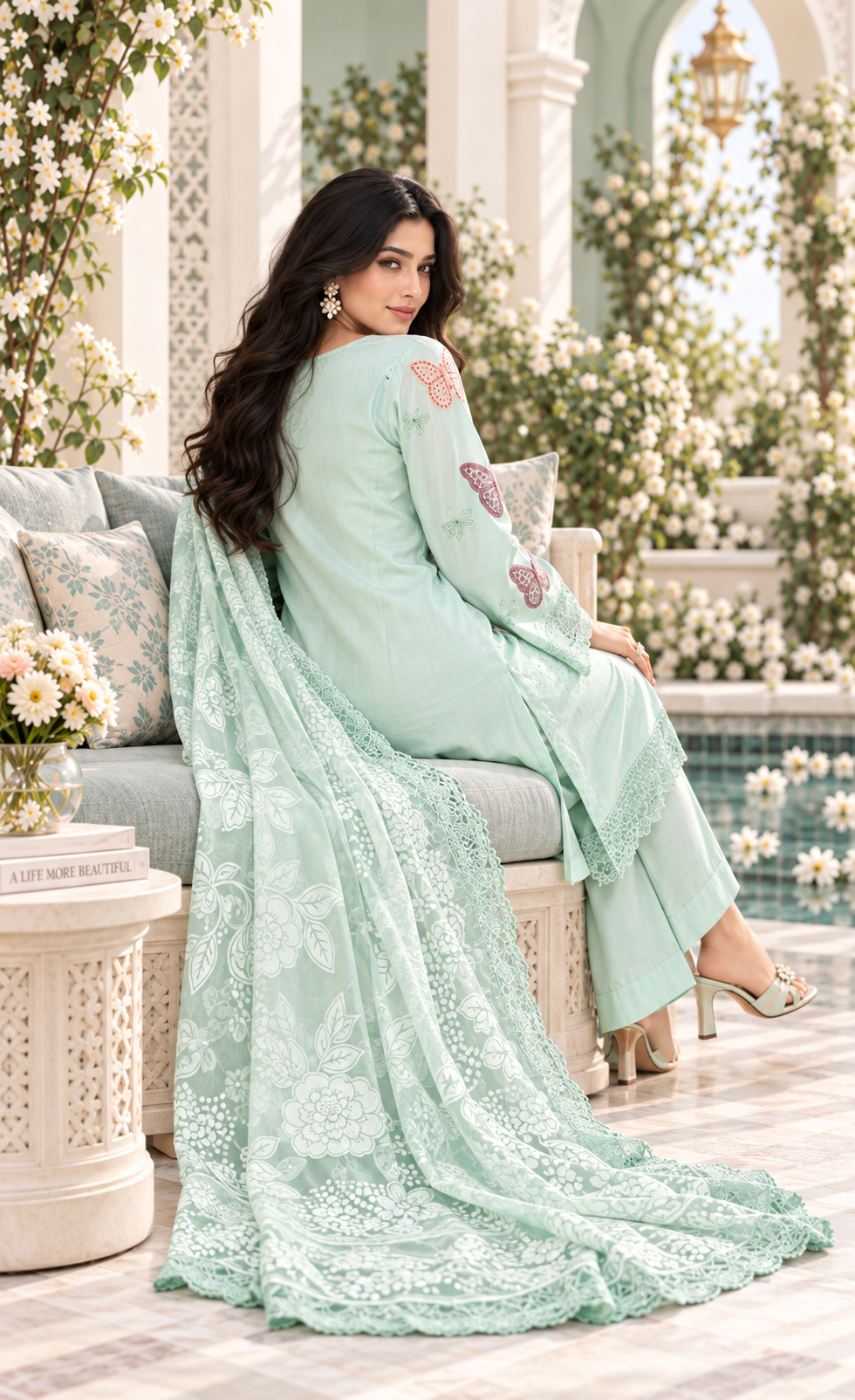 ZAW Fashion Mint Green Butterfly Printed 3-Piece Suit
