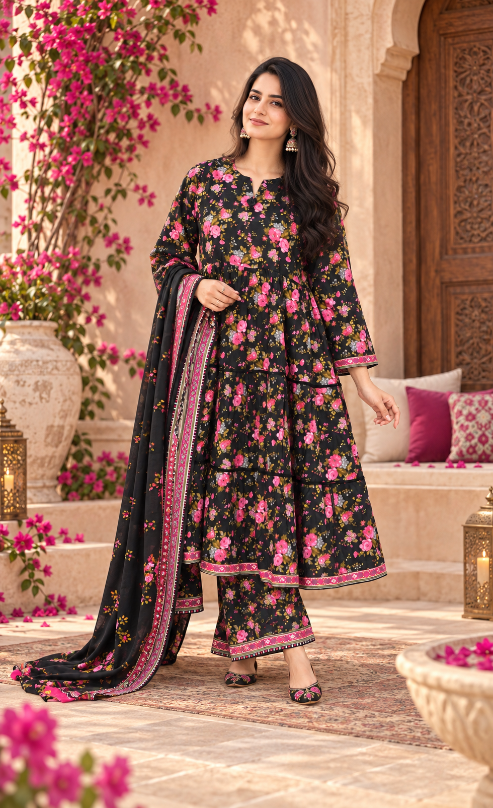 Minhal Black Floral Printed 3-Piece Suit