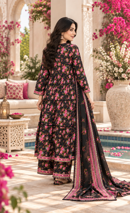 Minhal Black Floral Printed 3-Piece Suit