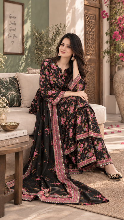 Minhal Black Floral Printed 3-Piece Suit