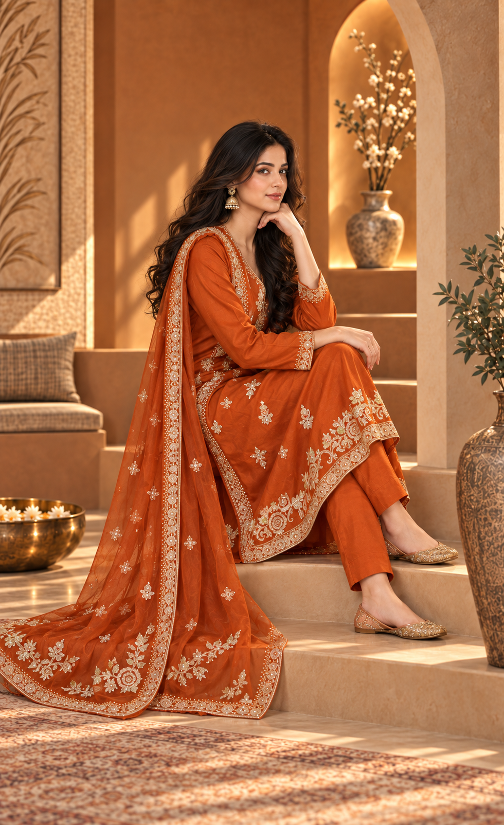 ZAW Fashion Rust Orange Embroidered 3-Piece Suit
