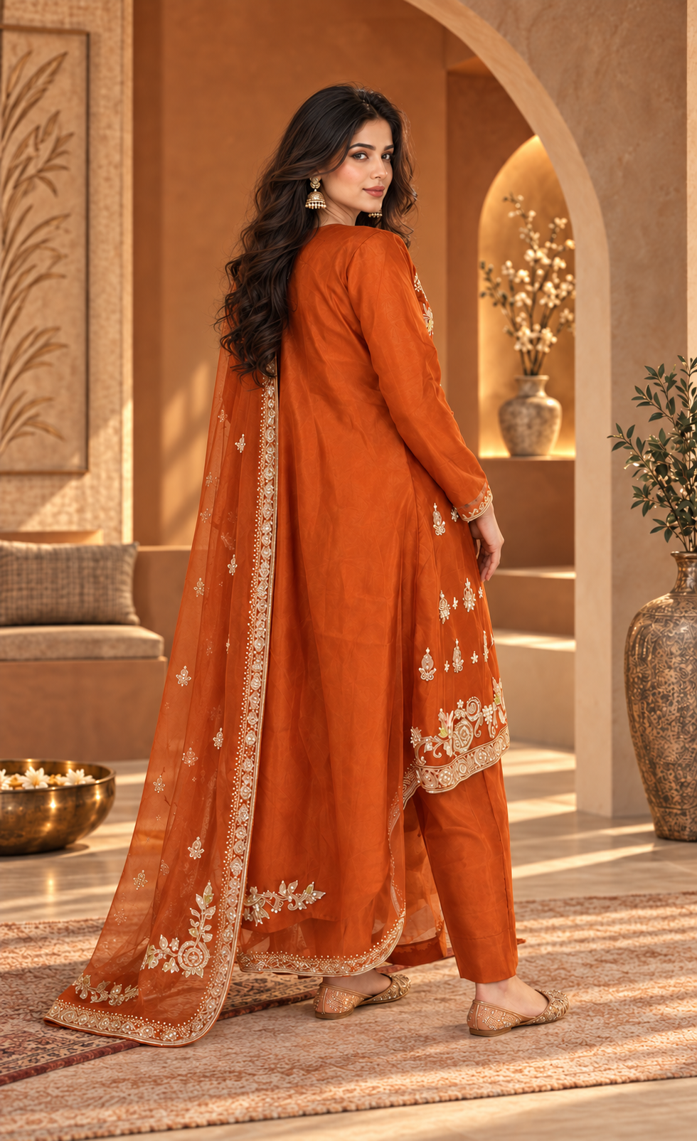 ZAW Fashion Rust Orange Embroidered 3-Piece Suit
