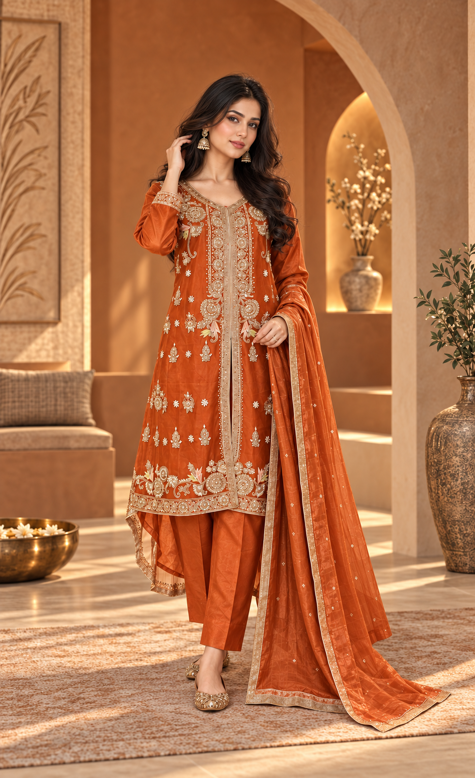 ZAW Fashion Rust Orange Embroidered 3-Piece Suit