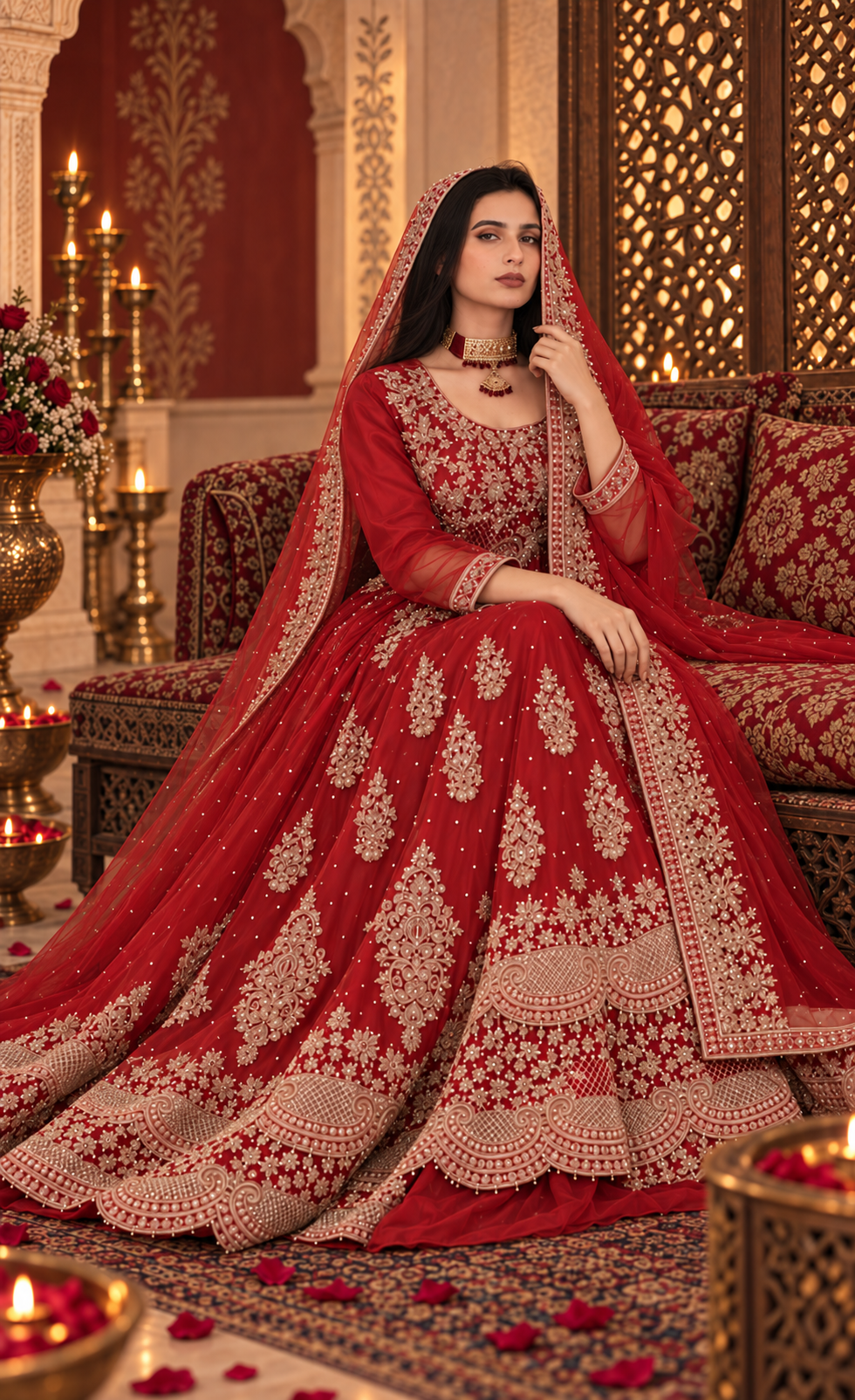 ZAW Fashion Crimson Red Embroidered Anarkali with Dupatta