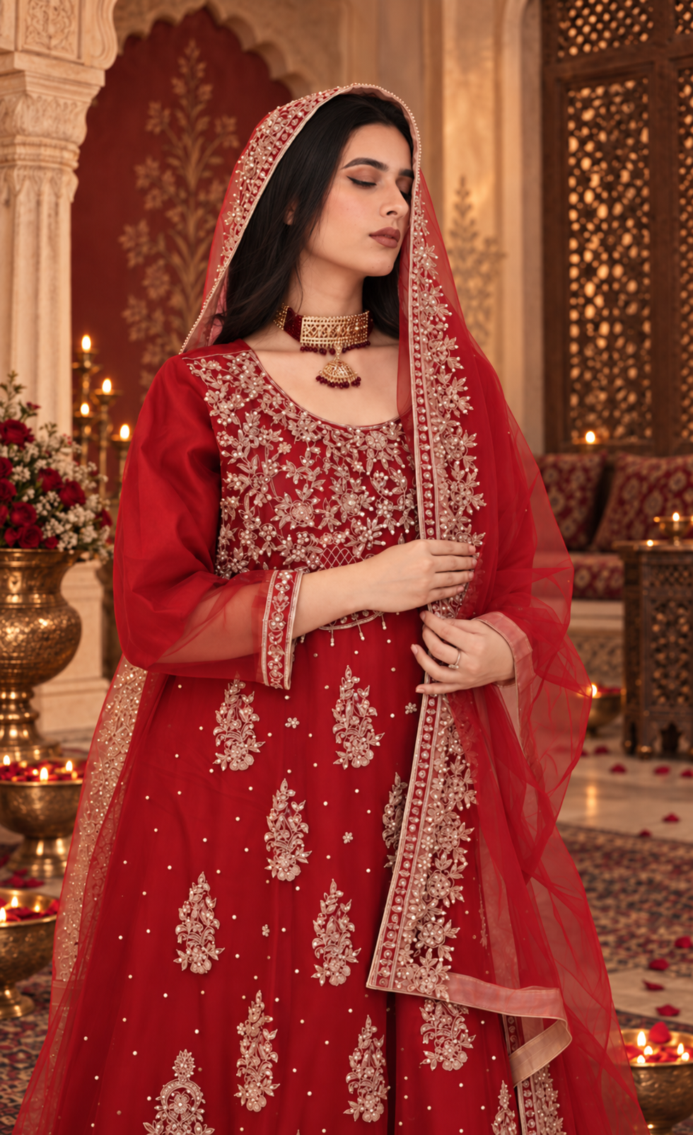 ZAW Fashion Crimson Red Embroidered Anarkali with Dupatta