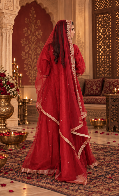 ZAW Fashion Crimson Red Embroidered Anarkali with Dupatta