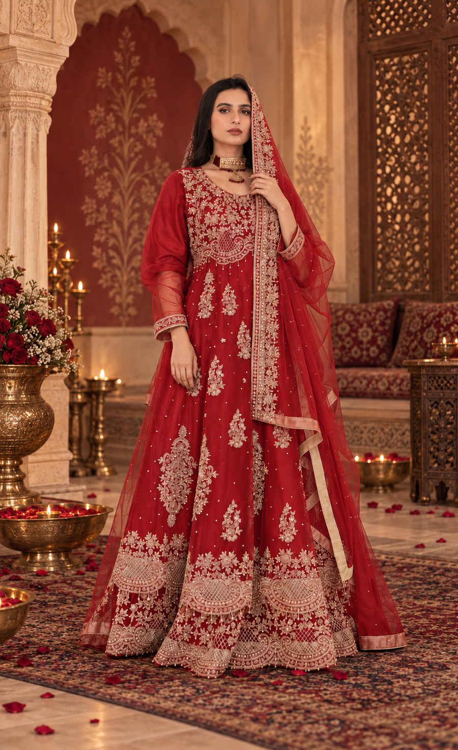ZAW Fashion Crimson Red Embroidered Anarkali with Dupatta