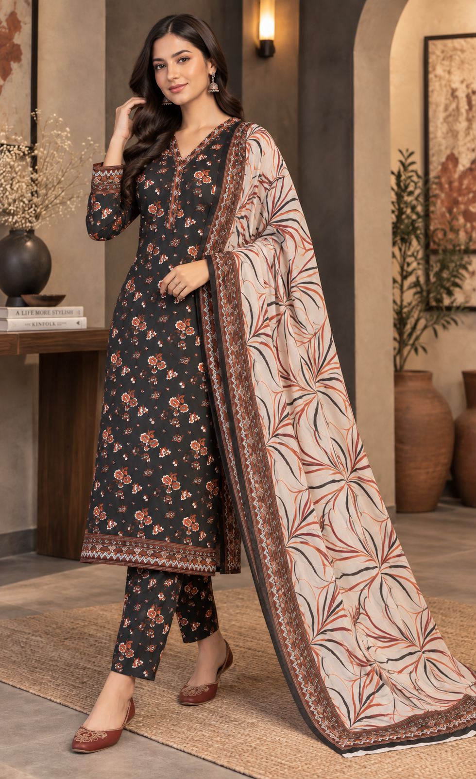 Tawakkal Charcoal Black Floral Printed 3-Piece Suit