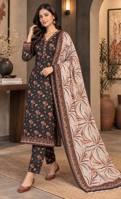 Tawakkal Charcoal Black Floral Printed 3-Piece Suit