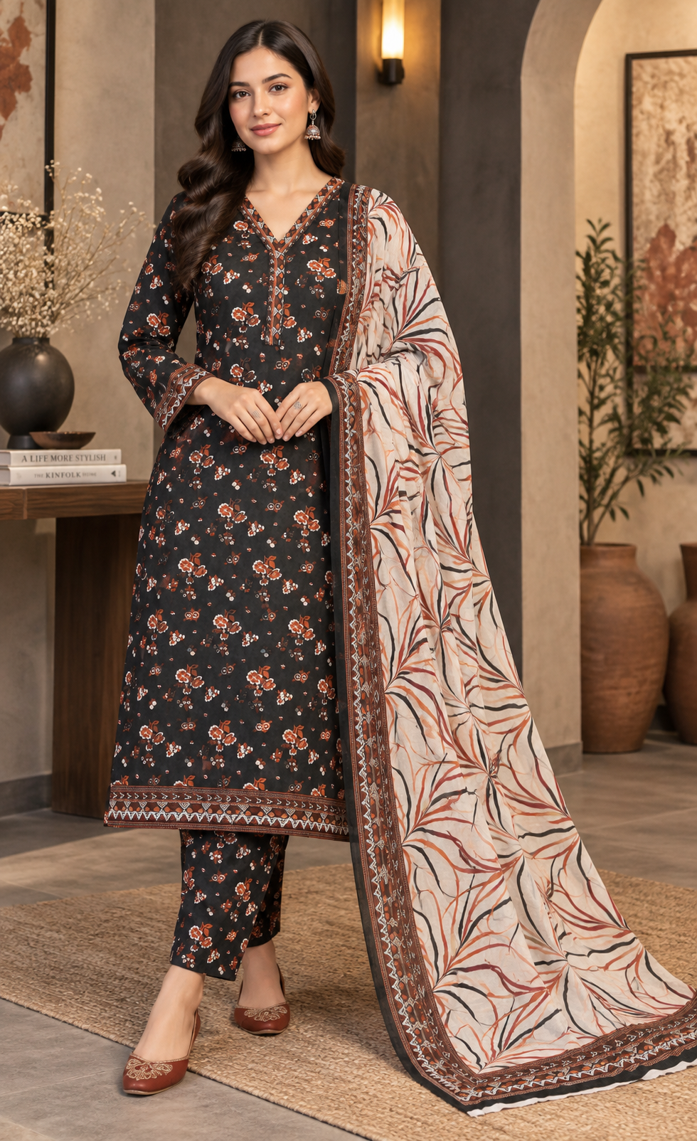 Tawakkal Charcoal Black Floral Printed 3-Piece Suit