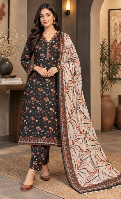 Tawakkal Charcoal Black Floral Printed 3-Piece Suit