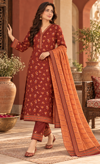 Tawakkal Brick Red Floral Printed 3-Piece Suit