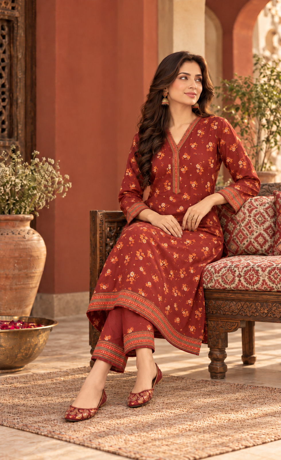 Tawakkal Brick Red Floral Printed 3-Piece Suit