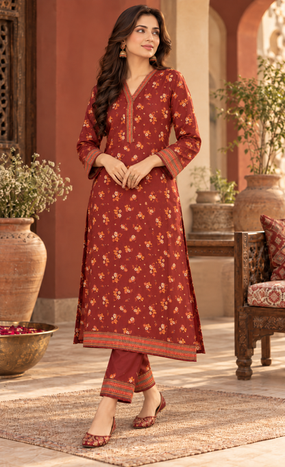 Tawakkal Brick Red Floral Printed 3-Piece Suit