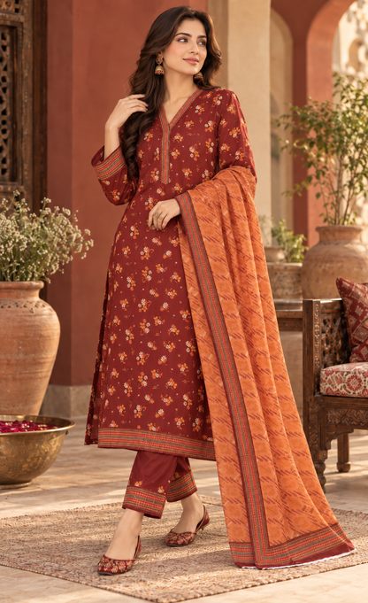 Tawakkal Brick Red Floral Printed 3-Piece Suit