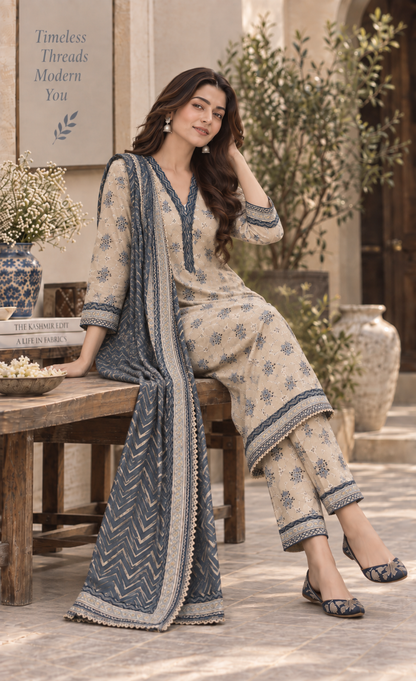 Tawakkal Ivory Blue Floral Printed 3-Piece Suit