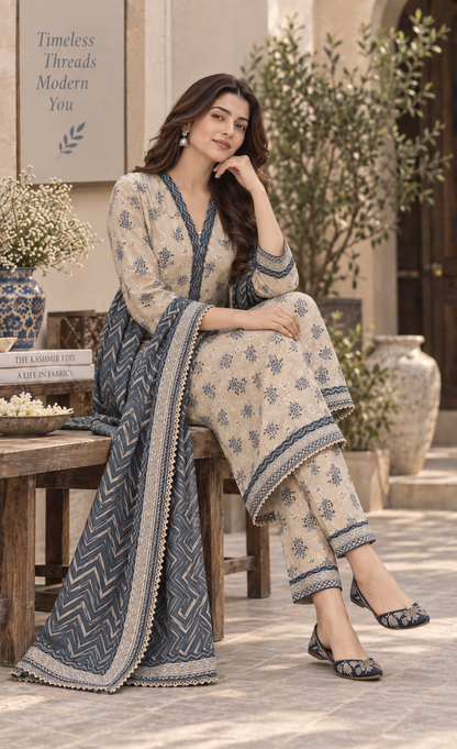 Tawakkal Ivory Blue Floral Printed 3-Piece Suit