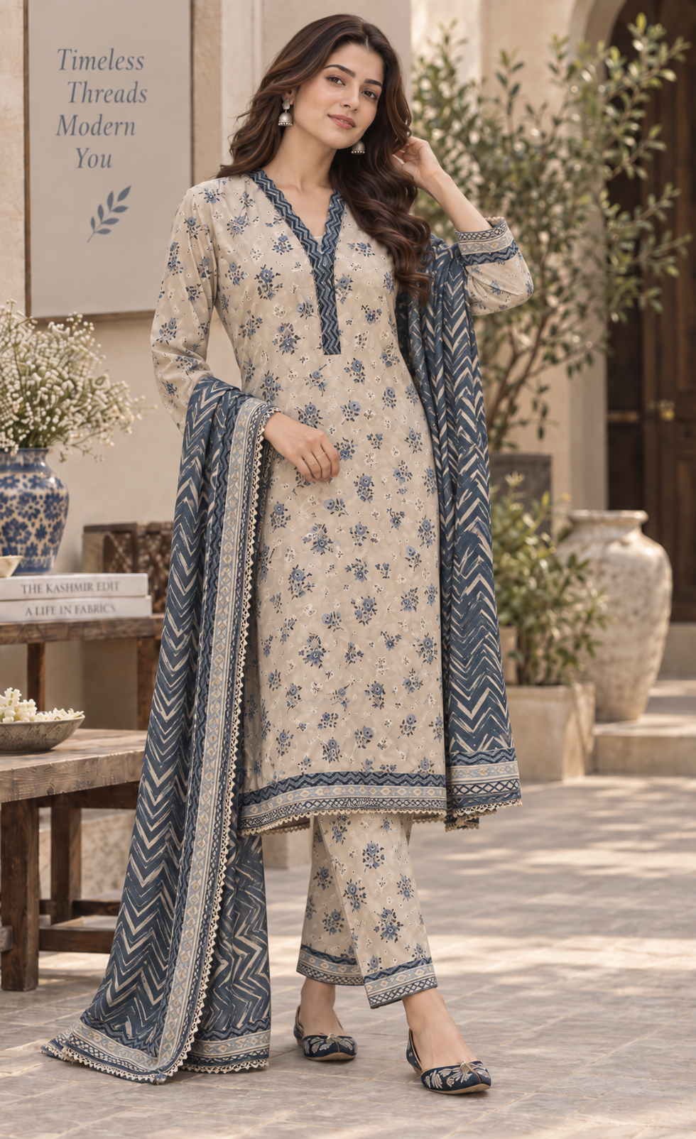 Tawakkal Ivory Blue Floral Printed 3-Piece Suit