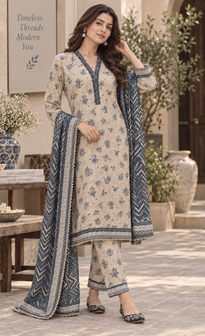 Tawakkal Ivory Blue Floral Printed 3-Piece Suit