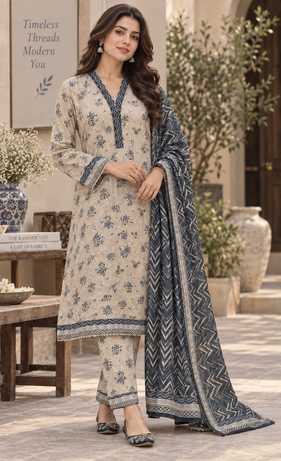 Tawakkal Ivory Blue Floral Printed 3-Piece Suit
