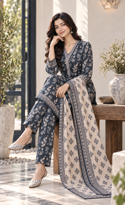 Tawakkal Navy Blue Leaf Printed 3-Piece Suit