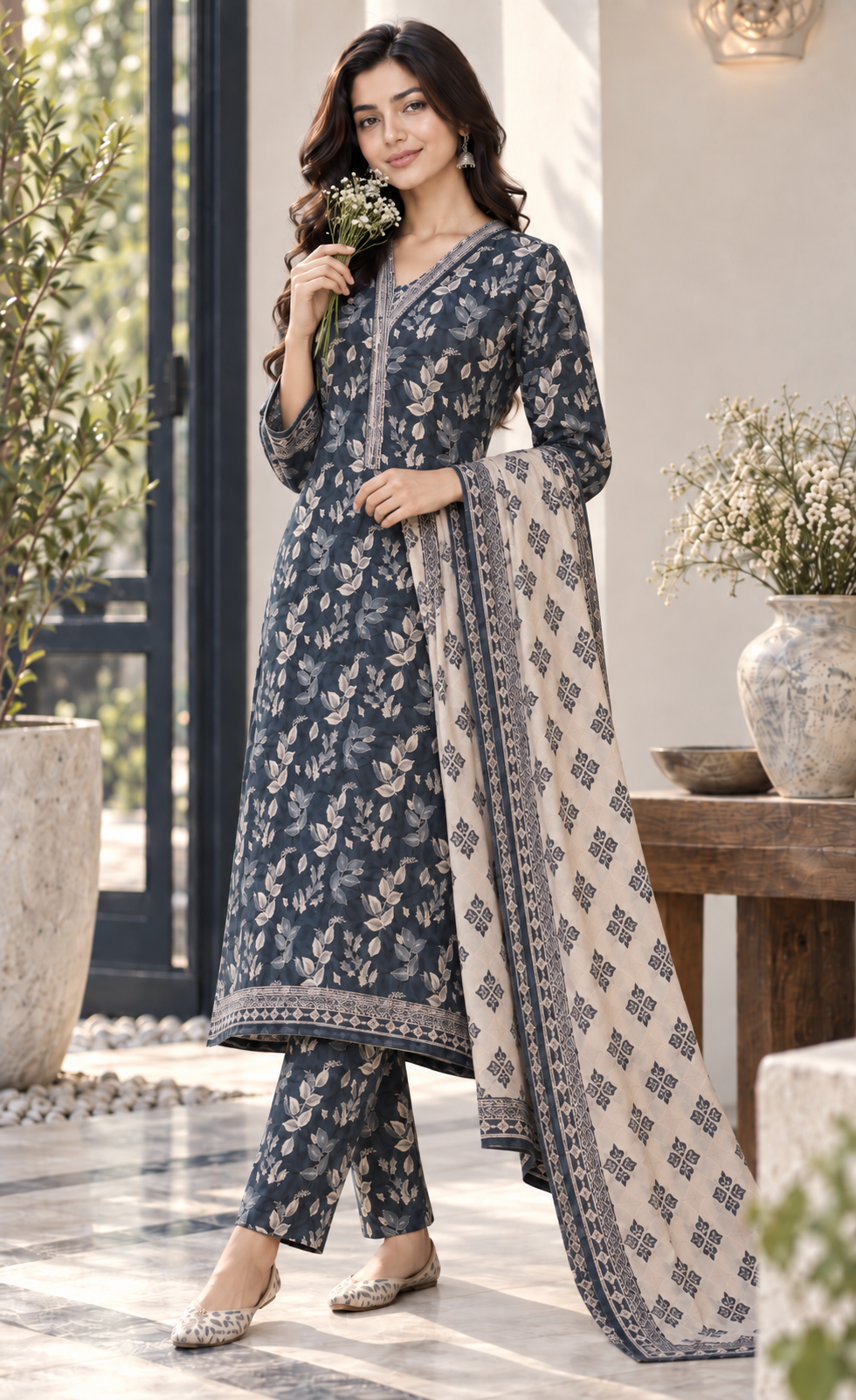 Tawakkal Navy Blue Leaf Printed 3-Piece Suit
