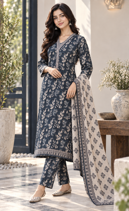 Tawakkal Navy Blue Leaf Printed 3-Piece Suit