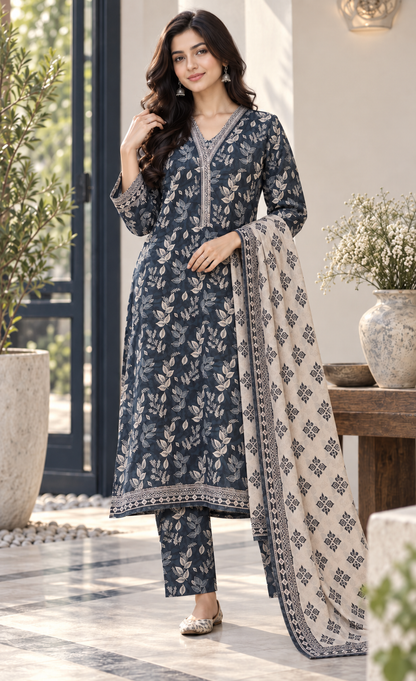 Tawakkal Navy Blue Leaf Printed 3-Piece Suit