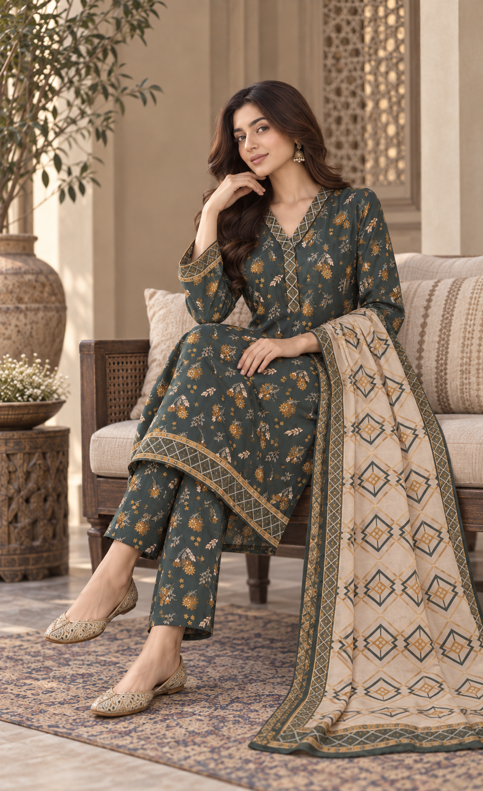 Tawakkal Deep Teal Floral Printed 3-Piece Suit