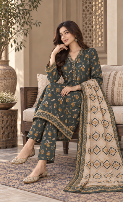 Tawakkal Deep Teal Floral Printed 3-Piece Suit
