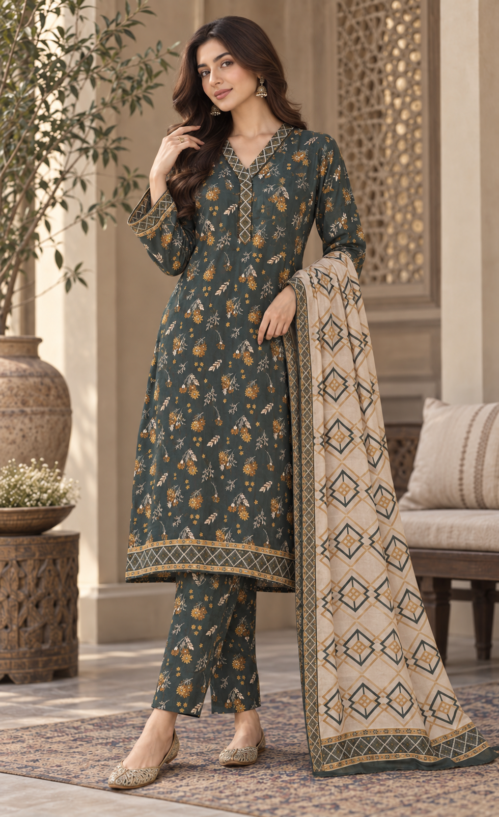 Tawakkal Deep Teal Floral Printed 3-Piece Suit