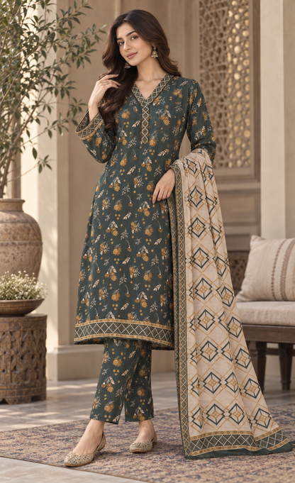 Tawakkal Deep Teal Floral Printed 3-Piece Suit
